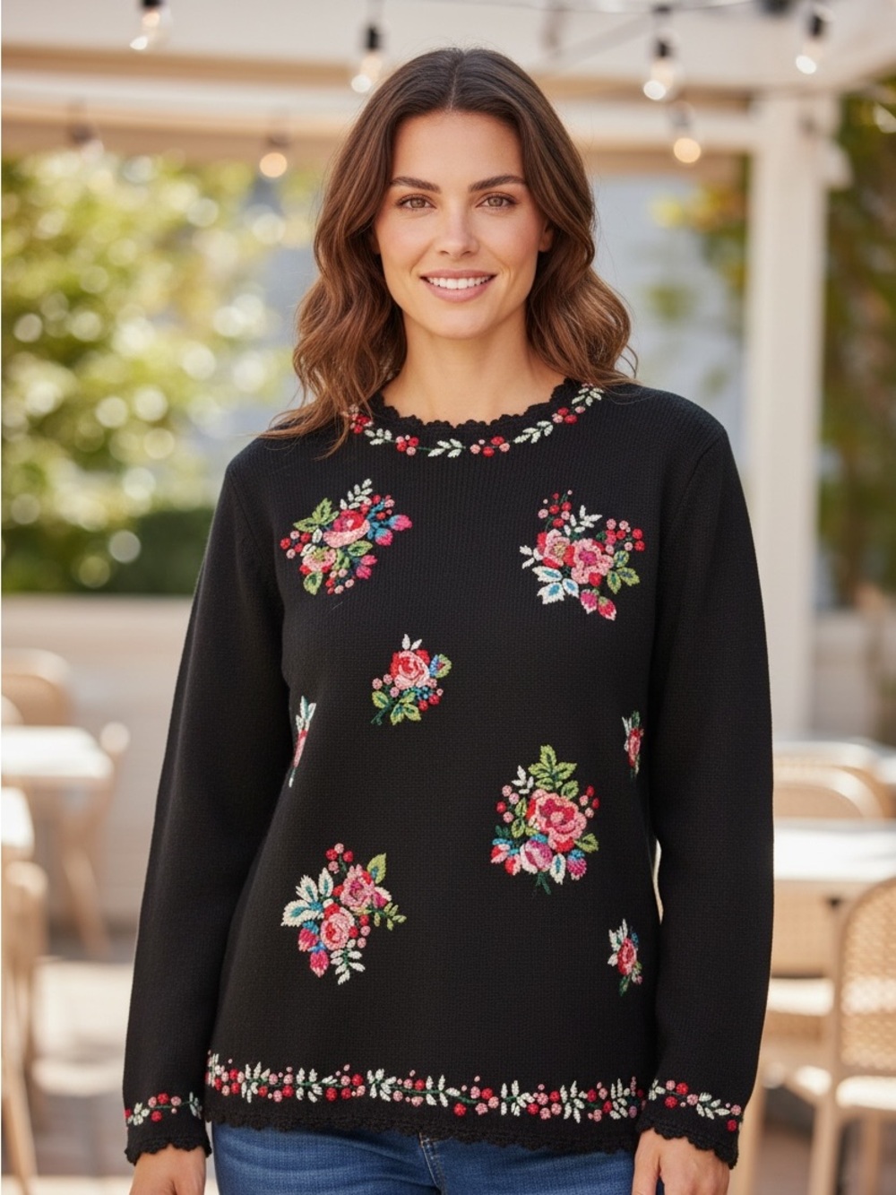 Epogee Black Floral Embroidered Floral Women Knit Sweater NWT S Vintage Grandma